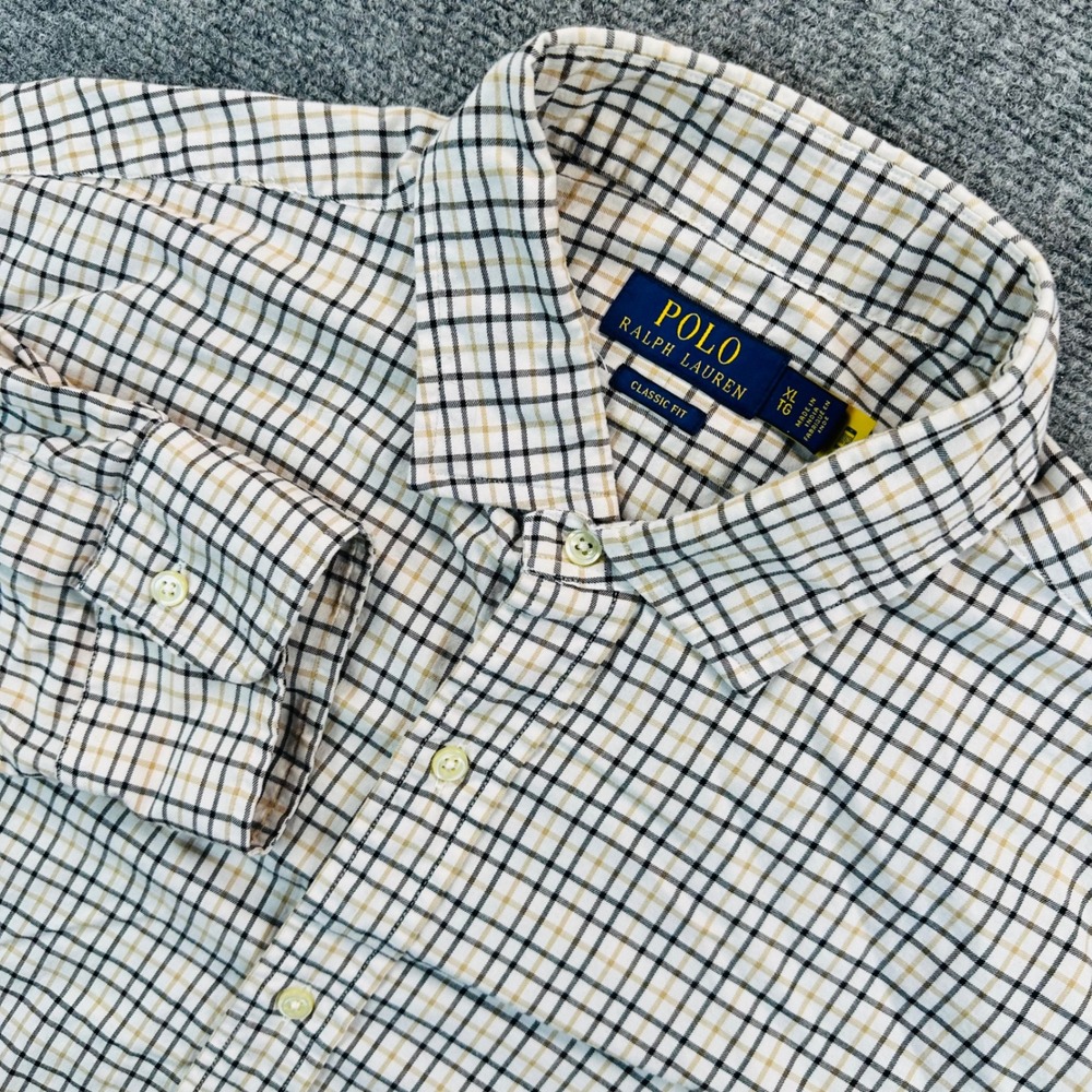 Polo Ralph Lauren Men's XL Black White‎ Tan Check Classic Fit Cotton Shirt Pony